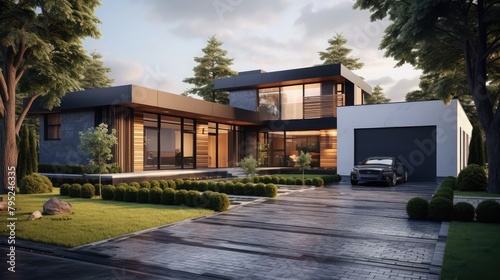 Modern house with garden and garage. 3d rendering.