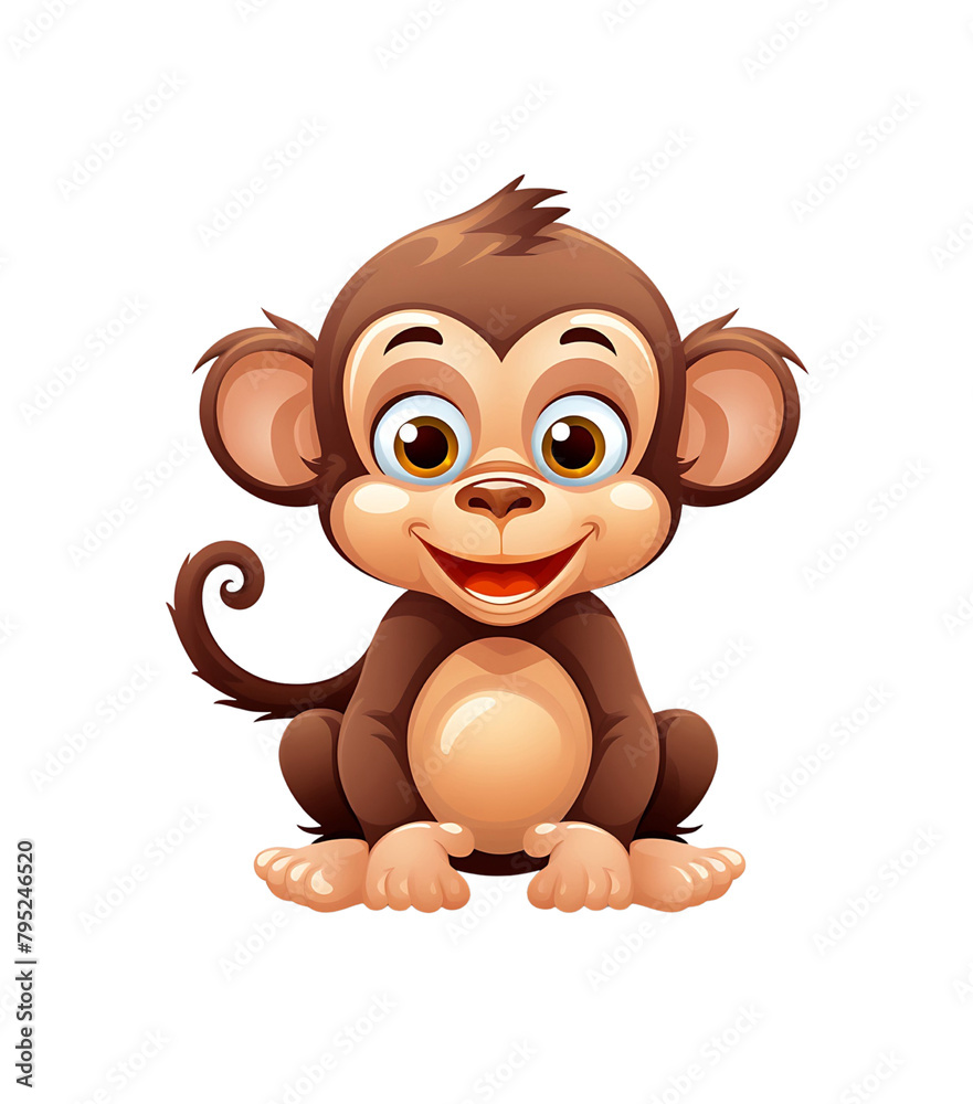 Fototapeta premium Animated monkey sitting with an infectious grin, showcasing its playful personality on a spotless backdrop. Generative AI