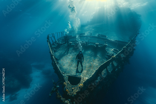 Adventurous couple exploring a mysterious underwater shipwreck photo