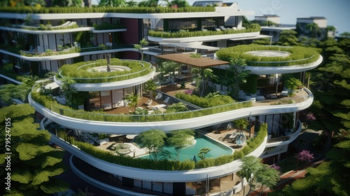 Modern residential district with green roof and balcony