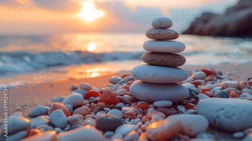zen stones arranged on a tranquil beach as the sun rises over the horizon