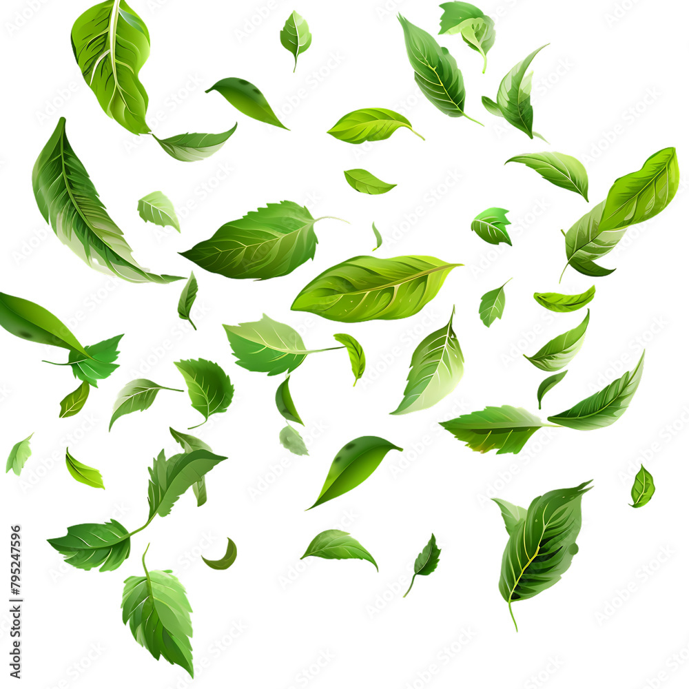 A circle made of falling green leaves on a white background. A circle made of falling green leaves on a white background.