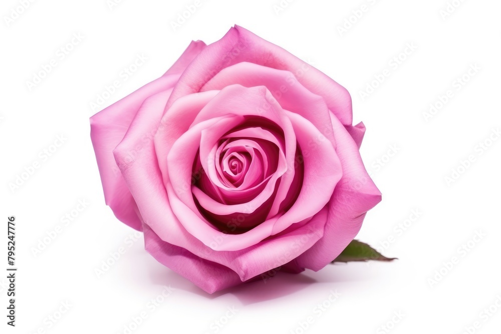 A single pink rose in full bloom, isolated on a white background, symbolizing beauty and love with its delicate petals.