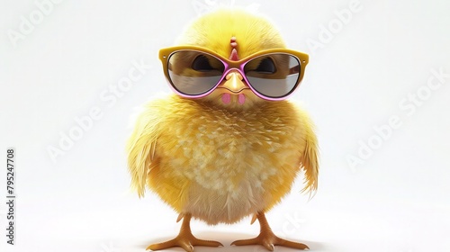 cartoon fluffy yellow chicken baby waring sun glasses isolated on white background 