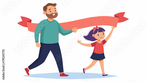 A father and daughter team up to carry a banner for the charity they believe in the determined look on their faces showing the passion and