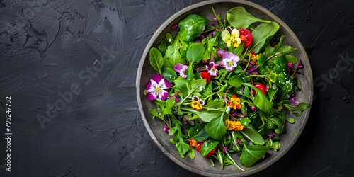 Top view of green salad with flowers in a clay plate on a black slate stone. photo