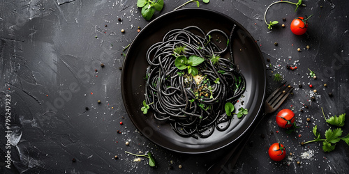 Top view of black spaghetti with cuttlefish ink, tomato and basil.