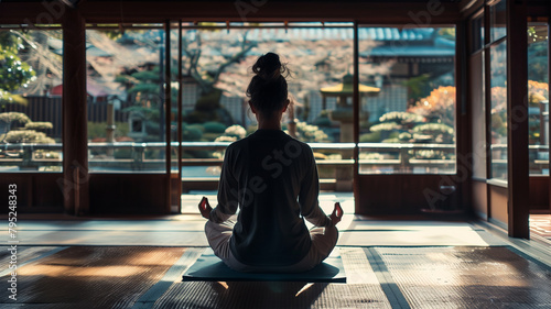お寺で座禅を組む日本人女性 photo