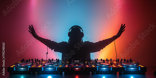 Back view of Professional DJ with arms outstretched playing music with mixer