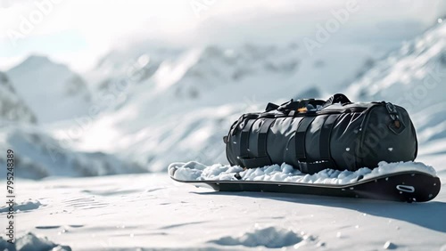 Snowboard Adventure Awaits: Gear Up in the Serene Mountains. Concept Winter Wonderland, Snowboarding Gear, Mountain Adventure, Outdoor Excursions, Snow Sports photo