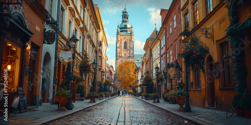 empty Street with old buildings and a church tower in the background. 