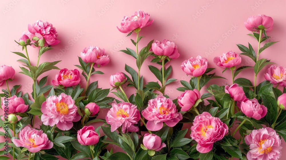 Fototapeta premium Elegant arrangement of fresh pink peonies with lush green leaves set against a soft pastel pink background, embodying springtime beauty