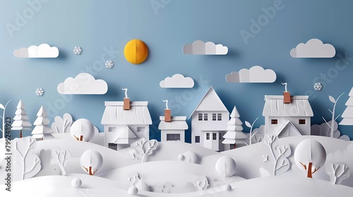 Village City Landscape Rural Urban Snow Winter, paper art and digital craft style.