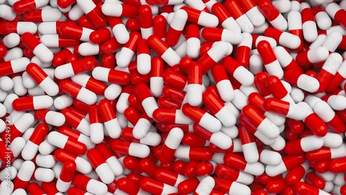 White and red pills mixing and spin in slow motion. Drugs, pills, tablets, medicine concept. 3d render animation (ID: 795249323)