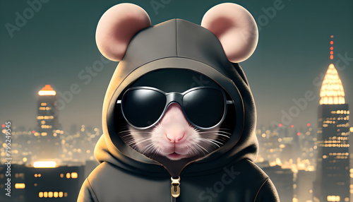 The mouse gangster wear hood and sunglasses on city background.