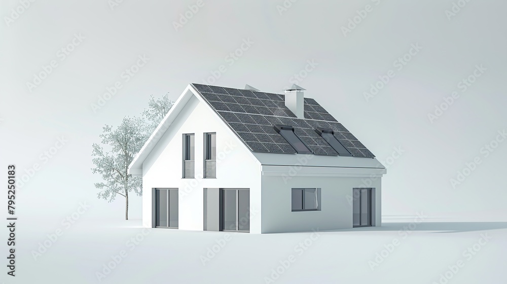 A rendering of a modern house with solar panels on the roof

