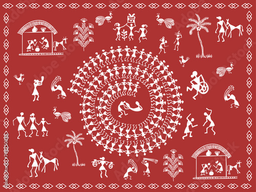 Illustration of Indian Tribal Painting. Warli Art Vector Design.