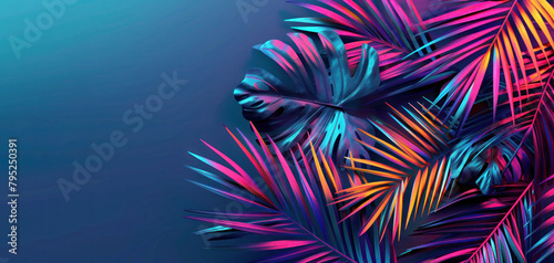 Tropical palm leaves and monstera leaves in vibrant neon gradient holographic colors with copy space