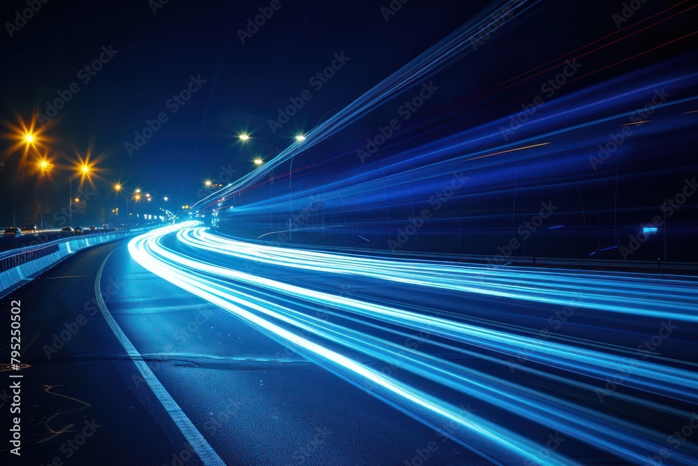 blue car lights at night. long exposure line street