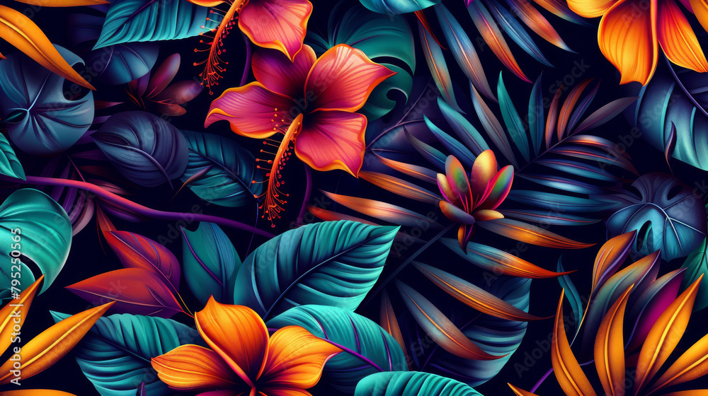 Jungle Blooms. Colorful Tropical Flowers and Lush Foliage on Dark Background
