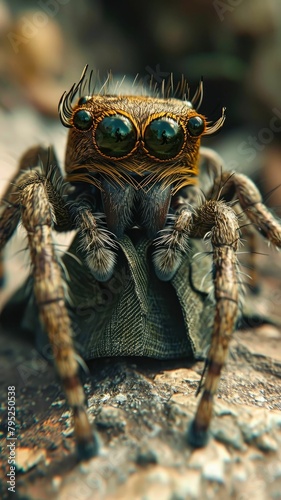 Elegantly clad spider weaves through city streets, a stylish arachnid donned in tailored fashion, epitomizing street style. The realistic urban backdrop frames this fashionable creature with contempor