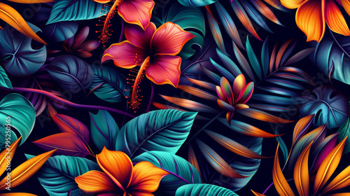 Jungle Blooms. Colorful Tropical Flowers and Lush Foliage on Dark Background