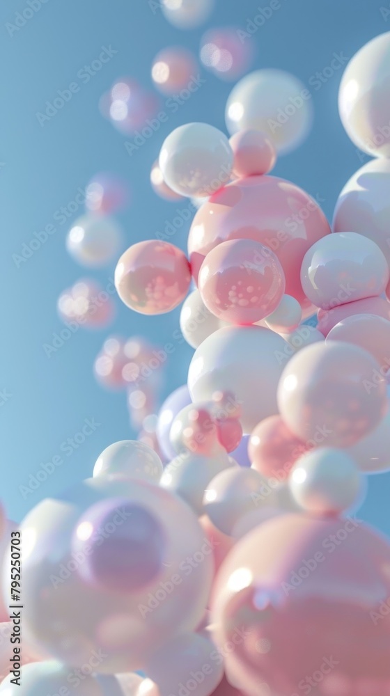 A Bunch of Sphere Objects in Pastel Colors Against Blue Sky. Abstract Background. A Bunch of Sphere Objects in Pastel Colors Against Blue Sky. Abstract Background.