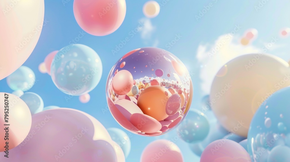 A Bunch of Sphere Objects in Pastel Colors Against Blue Sky. Abstract Background. A Bunch of Sphere Objects in Pastel Colors Against Blue Sky. Abstract Background.