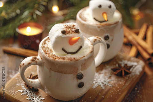 Warm cocoa topped with a melted marshmallow snowman decoration photo