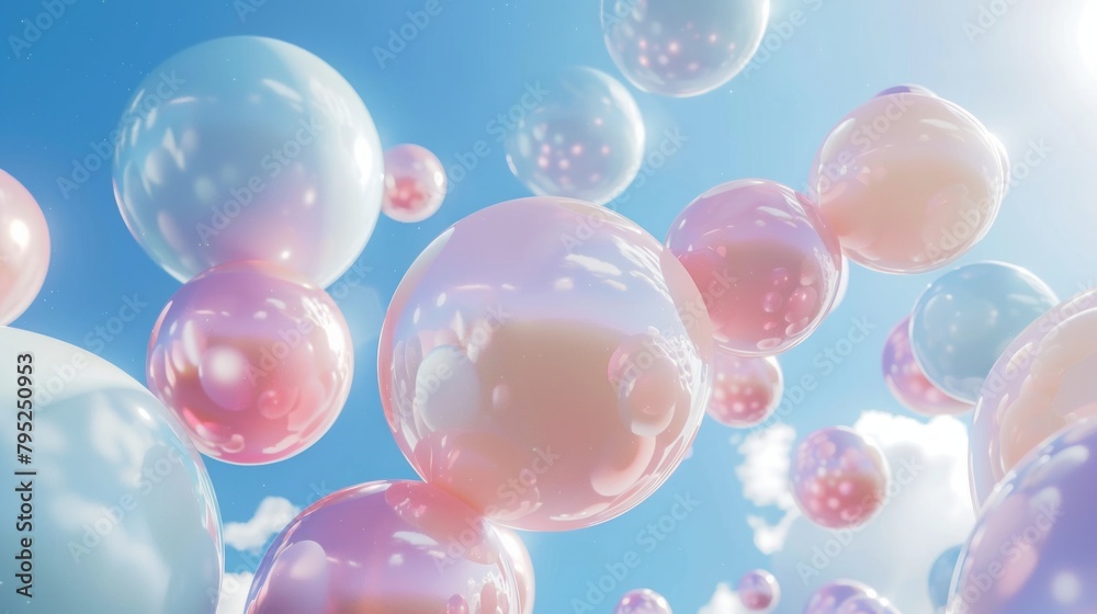 A Bunch of Sphere Objects in Pastel Colors Against Blue Sky. Abstract Background.