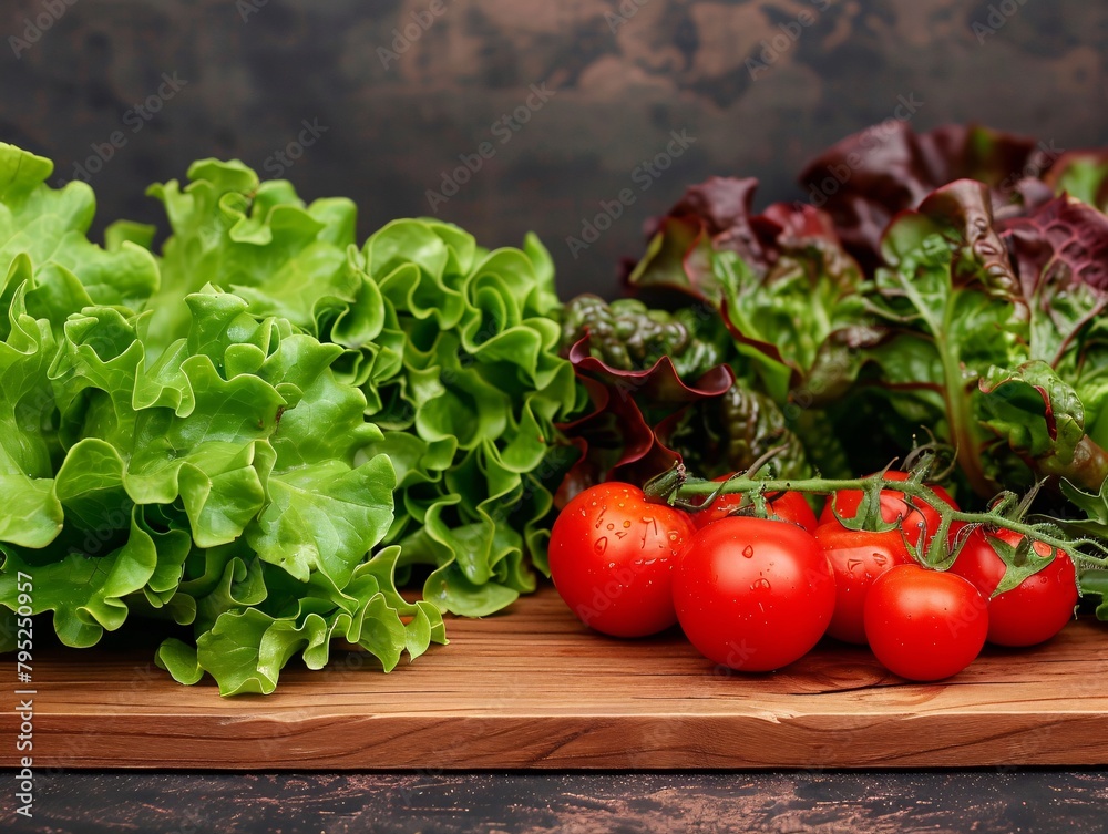 a group of tomatoes and lettuce on a cutting board a group of tomatoes and lettuce on a cutting board