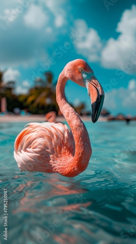 A close-up of a flamingo in the sea on Renaissance Island  Aruba