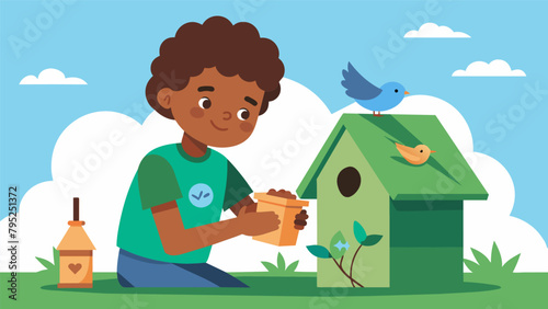 A child making a birdhouse out of recycled materials learning the importance of providing habitats for wildlife in a world where their homes