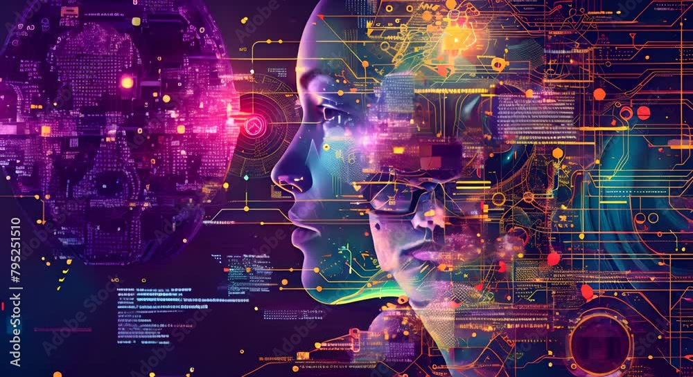 Big data technology and data science illustration. Data flow concept. Querying, analysing, visualizing complex information. Neural network for artificial intelligence. Data mining. Business analytics.