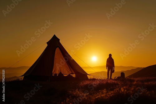 Lone camper against sunrise backdrop, tent pitched on grassy knoll © Nutcha