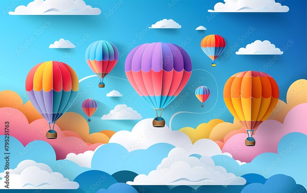 Paper art style colorful hot air balloons and clouds on blue sky. Vector illustration. Paper art style colorful hot air balloons and clouds on blue sky. Vector illustration.