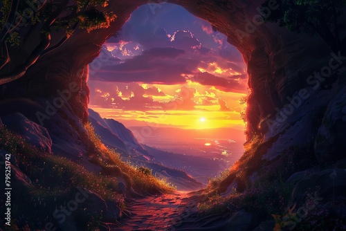 mysterious cave entrance leading to another world stunning sunset landscape illustration
