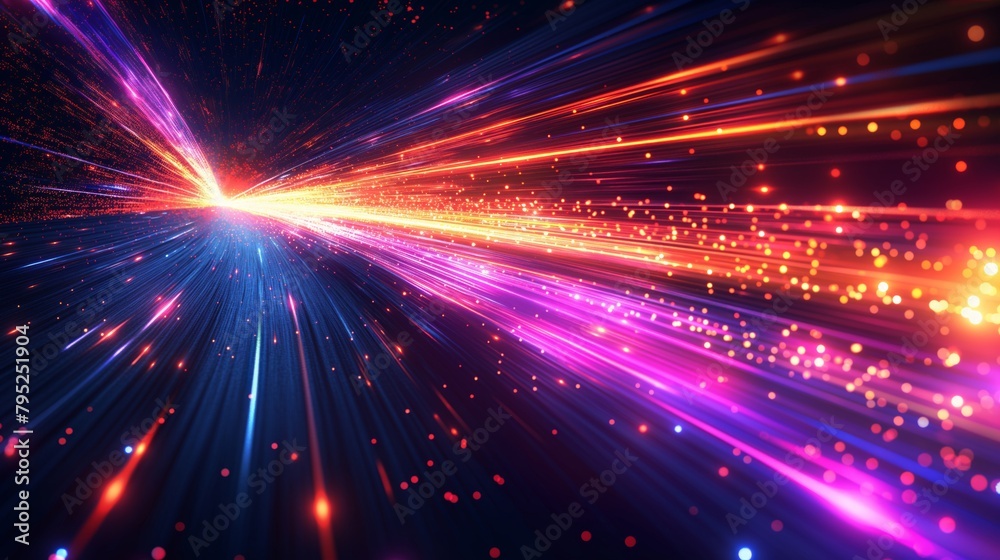 Colorful illustration of a cosmic explosion with vibrant light beams, capturing the energy of outer space's vastness