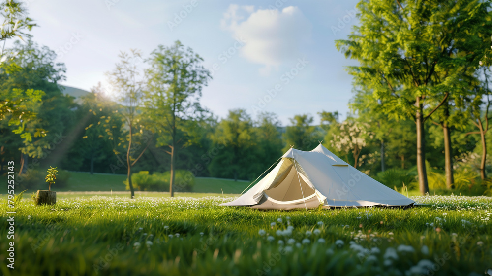A white camping tent on the grass, surrounded by trees and flowers, with a clear blue sky in spring. The background features a blue sky and white clouds