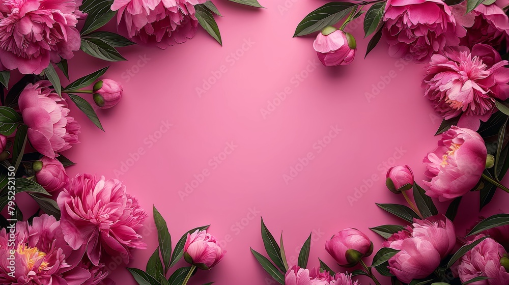 Beautiful natural frame of vibrant pink peonies and lush green leaves on a soft pink background, with central space for text