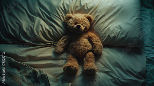 A teddy bear laying on its back in bed, wide angle shot, dimly lit room, dark and moody