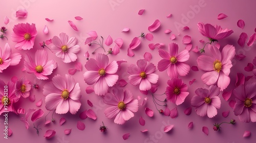Stunning pink cosmos flowers set against a solid pink backdrop  ideal for spring-inspired designs or backgrounds