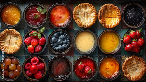 assorted fresh fruit tarts and pies displayed in a row