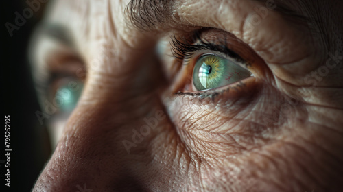 Closeup of an elderly person's eye, showing signs of vision tension and skin wrinkles around the eyelids. The focus is on their green eyes as they gaze into the distance