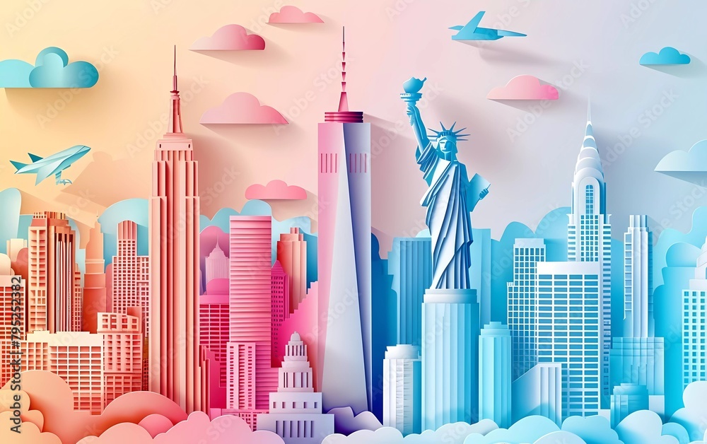 New York paper cut. Panorama of famous landmarks of New York city in origami style, travel poster or postcard, greeting card with sky and skyscrapers vector background
