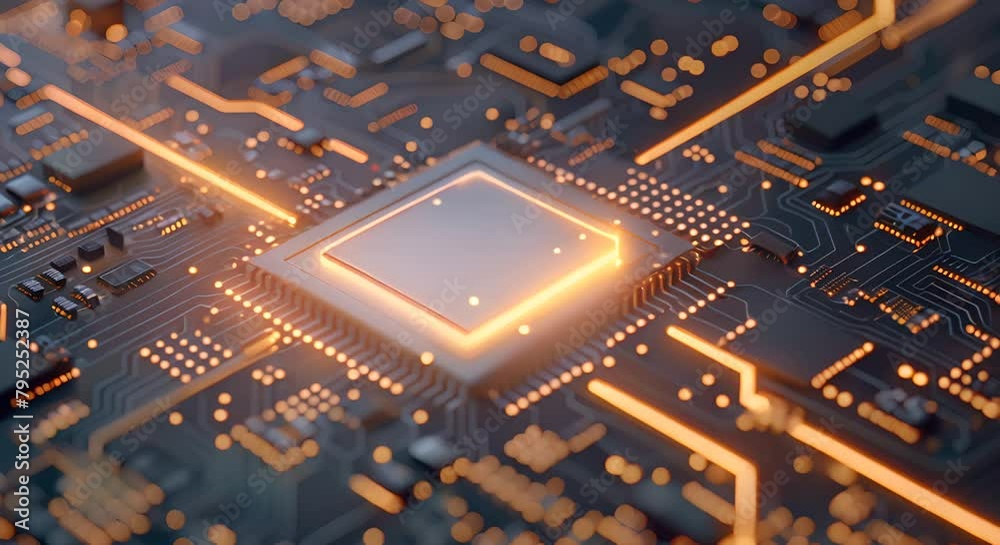 Glowing computer chip and CPU motherboard technology circuit board. Information Technology Concept with info symbol on a Microchip. Data flows from the CPU across a Futuristic Motherboard. 3D render.