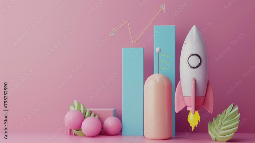 A pastel colored growing graph with rising rocket. A pastel colored growing graph with rising rocket.