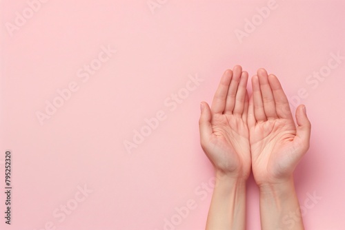Close-up of hands with palms up, set against a light or pink background. Ample empty space on the right for text or additional elements. 
