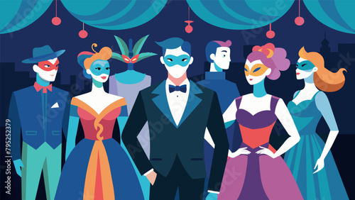 An elegant masquerade ball with guests dressed in their best formal attire and colorful masks to match the plays mysterious and magical themes.