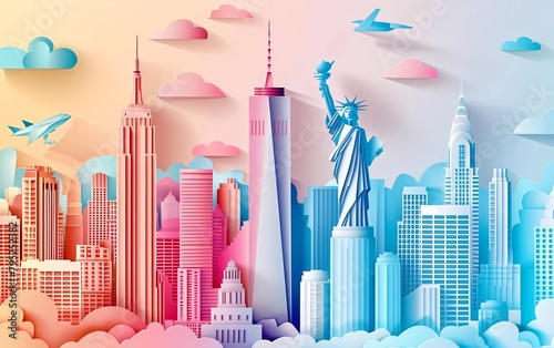 Obraz na płótnie New York paper cut. Panorama of famous landmarks of New York city in origami style, travel poster or postcard, greeting card with sky and skyscrapers vector background w salonie